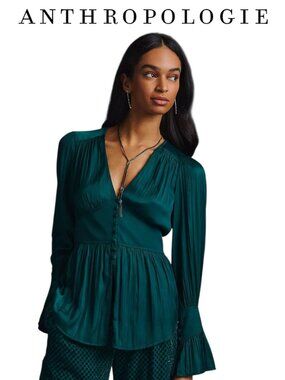 Anthropologie Deep V Tunic Emerald Green Smocked Waist Button Front Top M